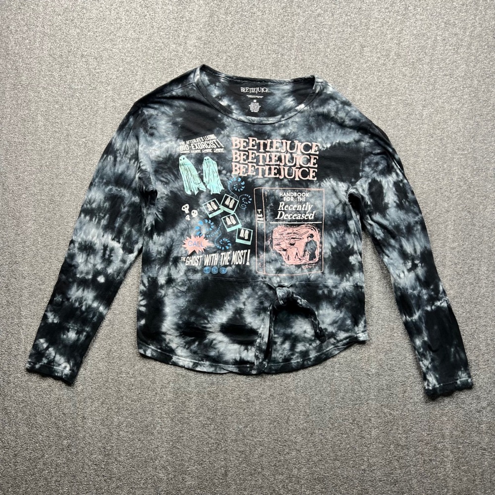 Beetlejuice Graphic Tee Womens Medium Black Tie Dye Front Tie Long Sleeve Shirt